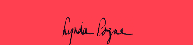 A lady with a balloon floats right to left across the screen over the name 'Lynda Pogue'.